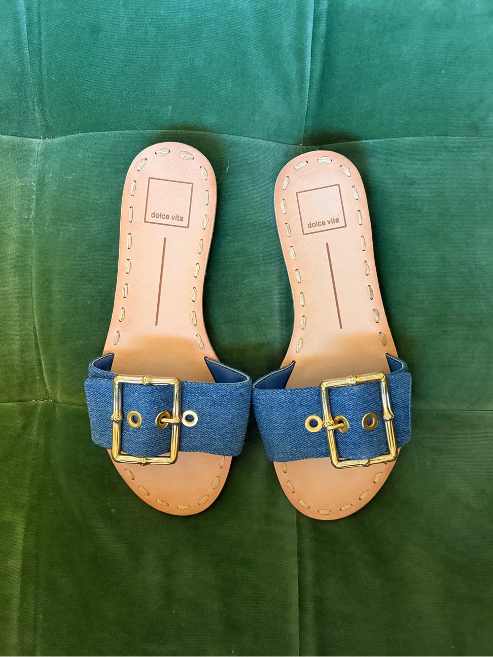 Dolce Vita Denim Slide Sandals with Gold Buckle